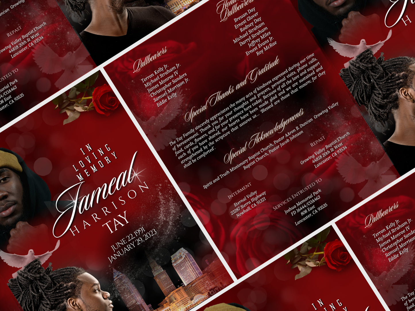 8.5"x11" BOOKLET Memorial program (8 pages)| Mens Red Funeral Program |Celebration of Life |Keepsake |Digital Download |Canva Template