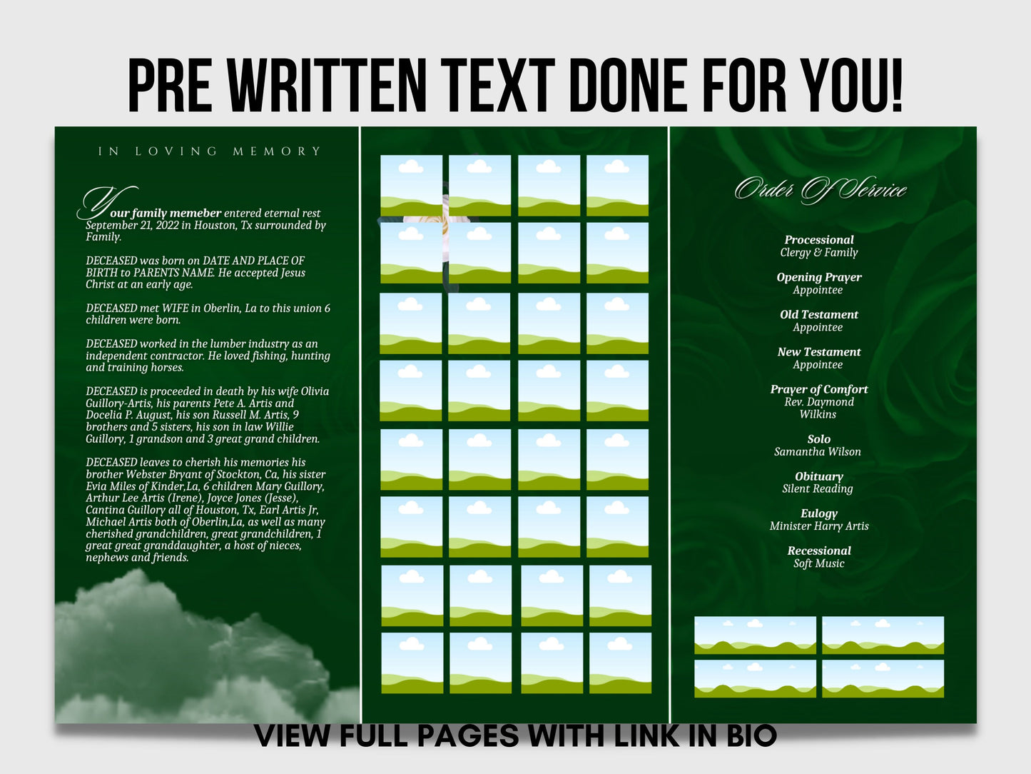 17"x11" FUNERAL OBITUARY TEMPLATE (2 pages) |Elegant Style Funeral Program | Celebration of Life |Unisex green Obituary |Canva Template