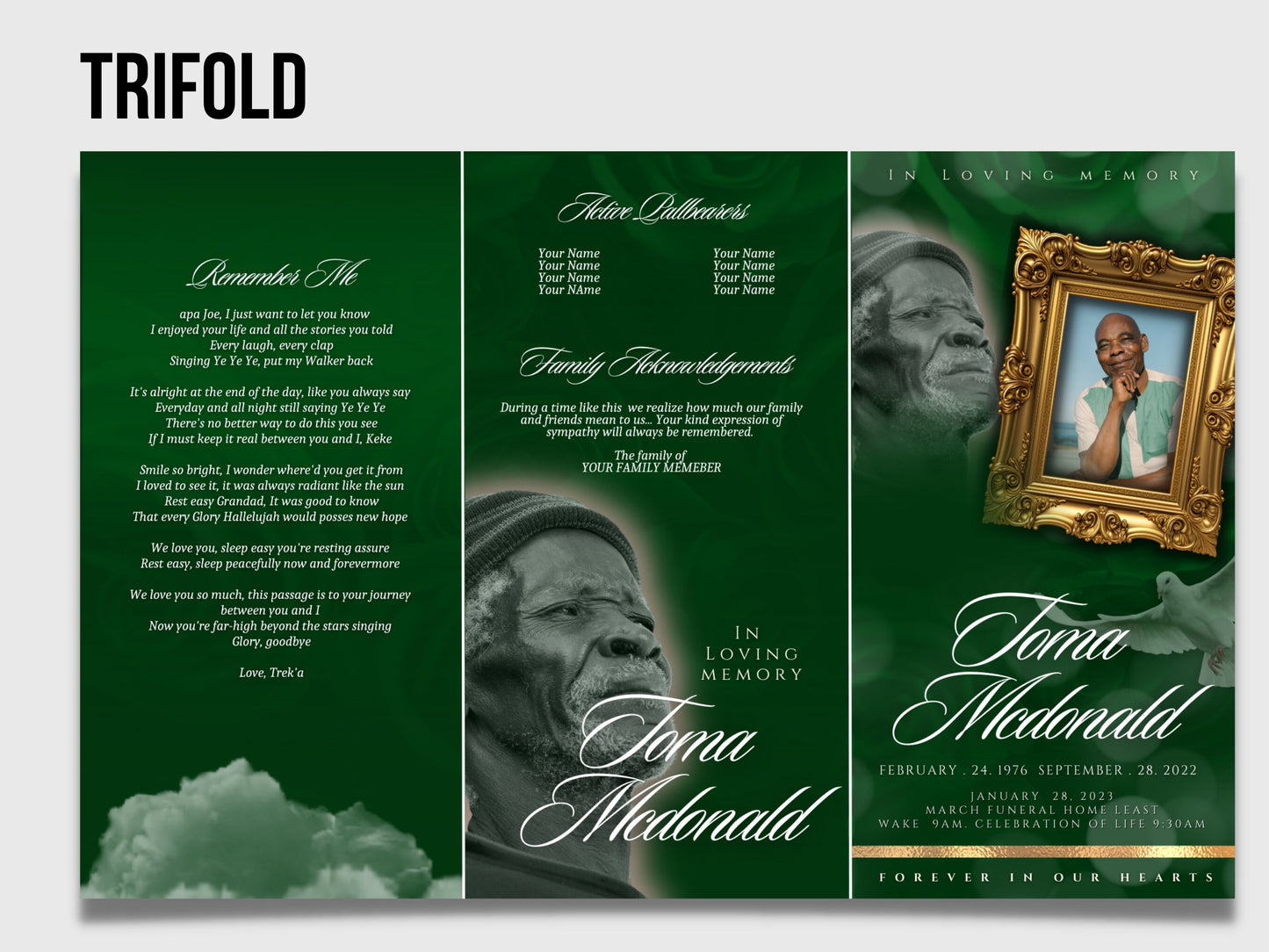 17"x11" FUNERAL OBITUARY TEMPLATE (2 pages) |Elegant Style Funeral Program | Celebration of Life |Unisex green Obituary |Canva Template