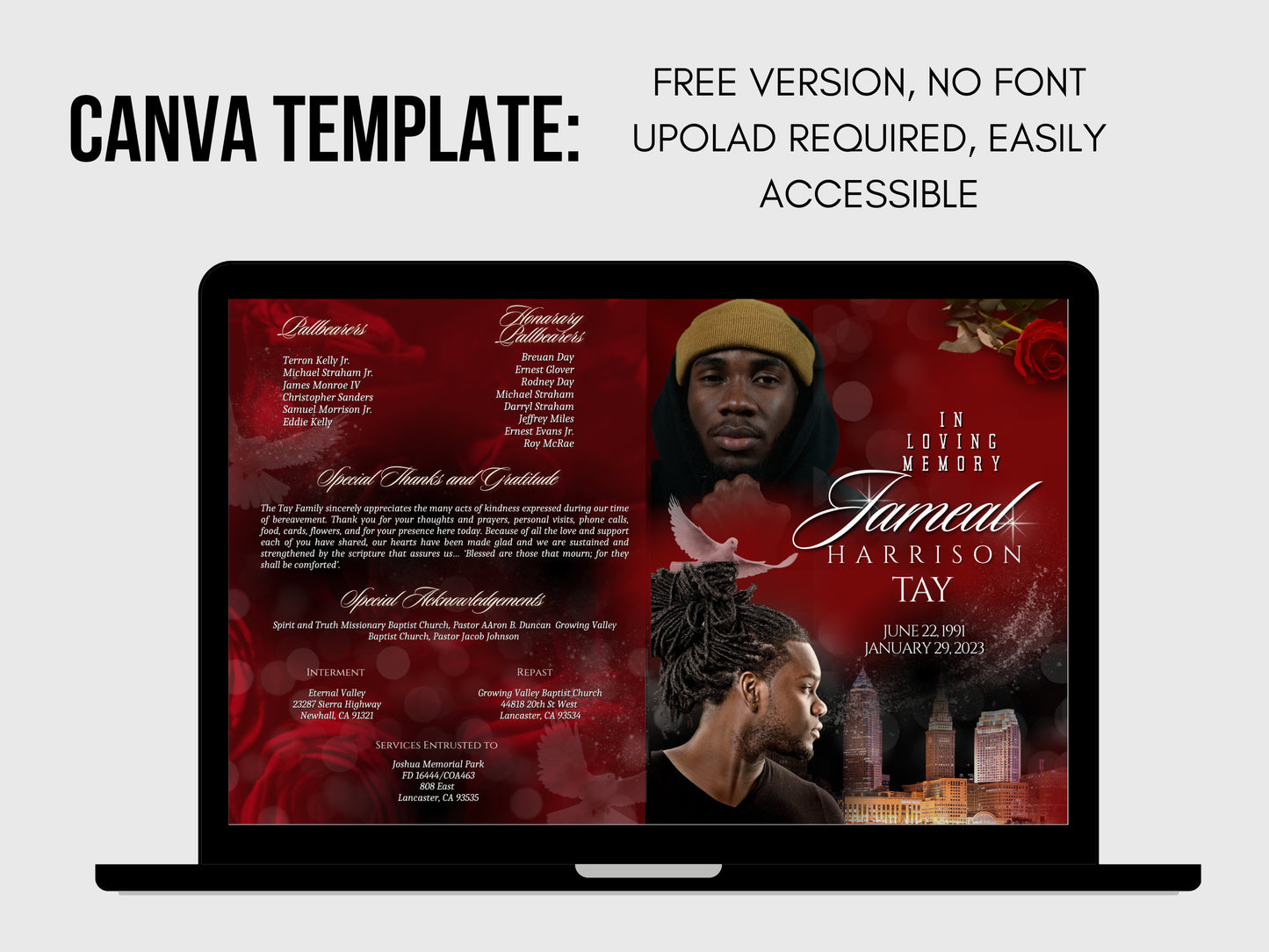 8.5"x11" BOOKLET Memorial program (8 pages)| Mens Red Funeral Program |Celebration of Life |Keepsake |Digital Download |Canva Template