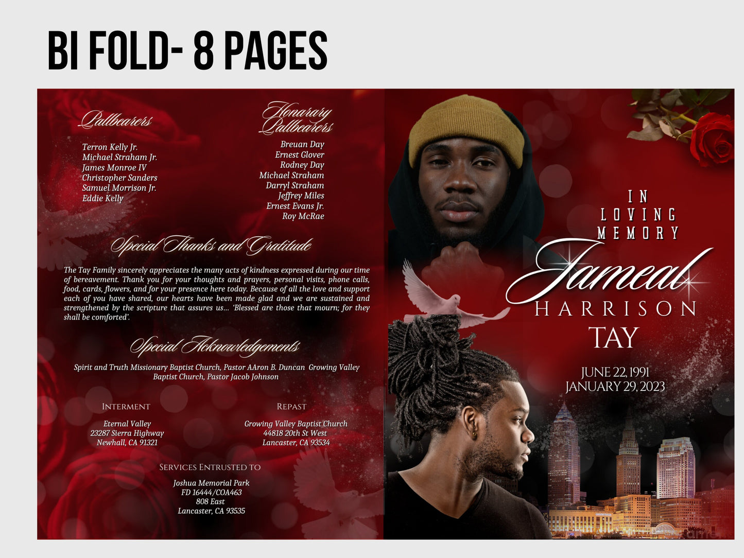 8.5"x11" BOOKLET Memorial program (8 pages)| Mens Red Funeral Program |Celebration of Life |Keepsake |Digital Download |Canva Template