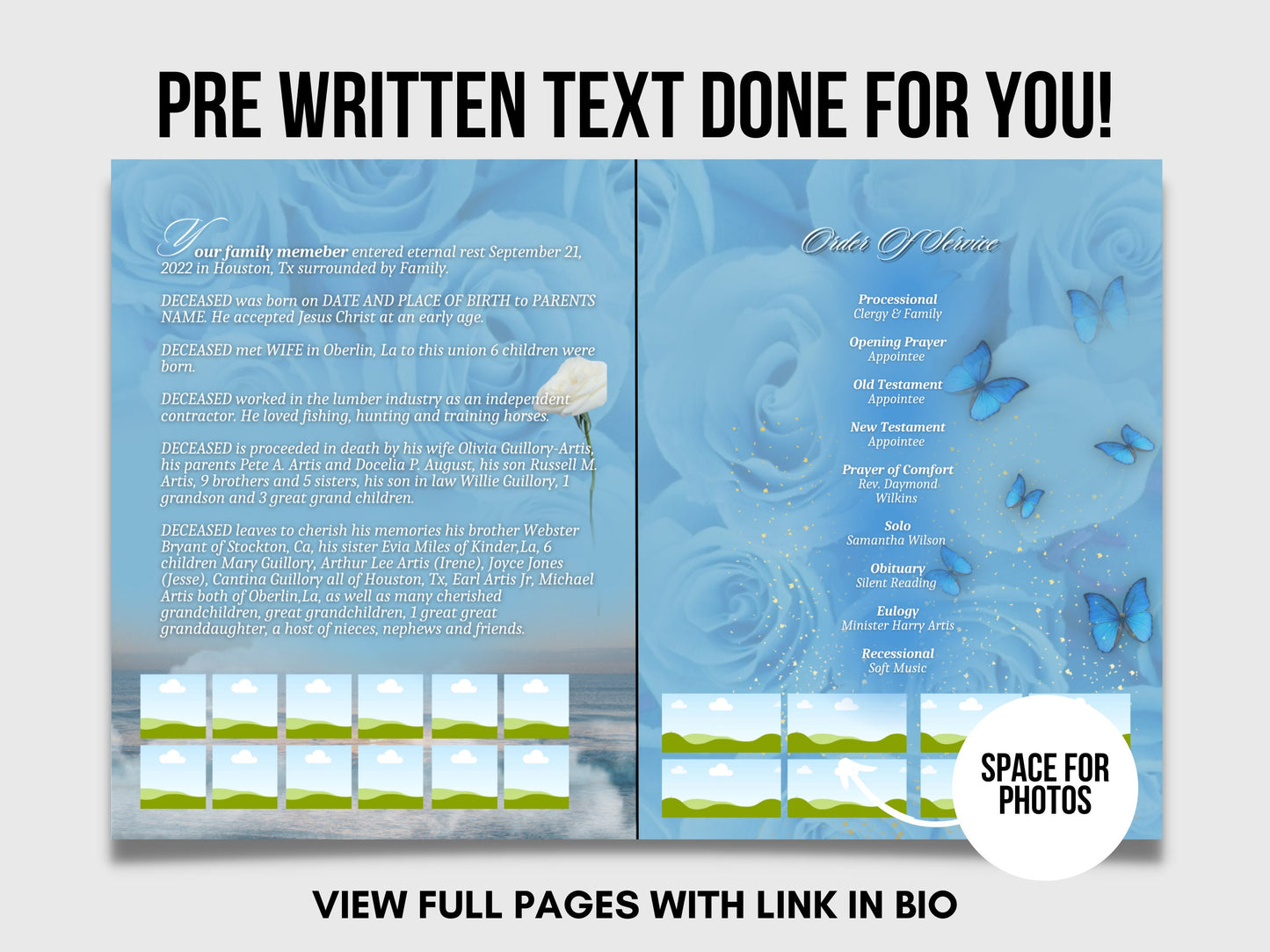 8.5"x 11" FUNERAL OBITUARY TEMPLATE (4 pages) |Elegant Style Funeral Program | Celebration of Life |Women Blue Rose Obituary |Canva Template