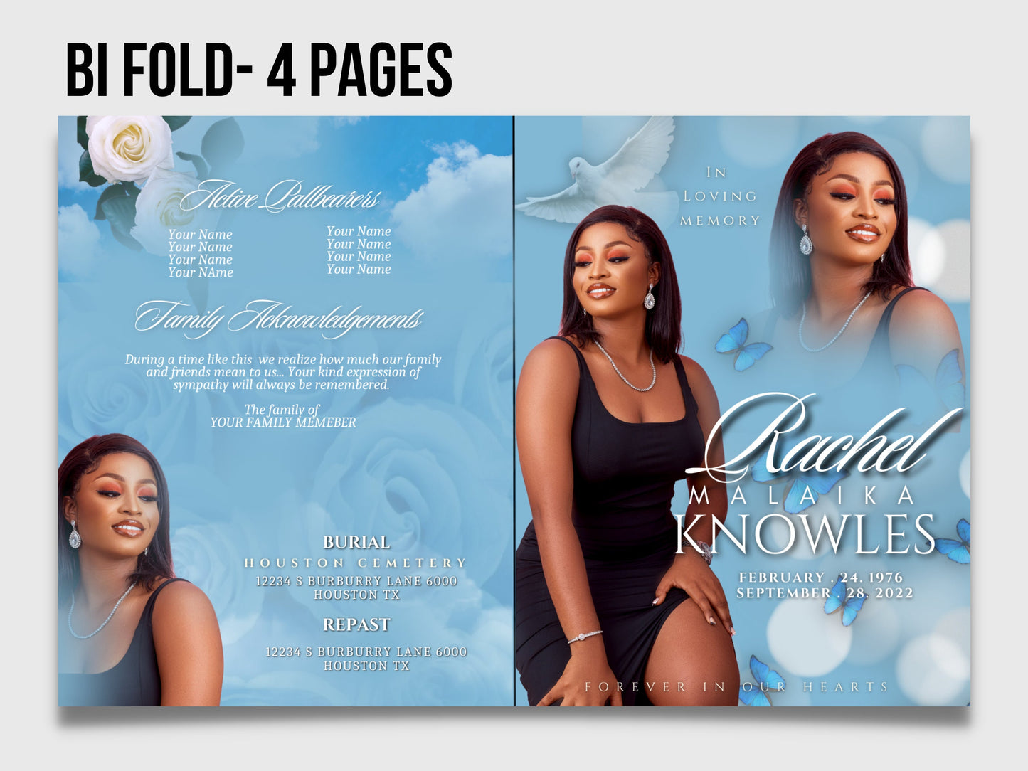 8.5"x 11" FUNERAL OBITUARY TEMPLATE (4 pages) |Elegant Style Funeral Program | Celebration of Life |Women Blue Rose Obituary |Canva Template