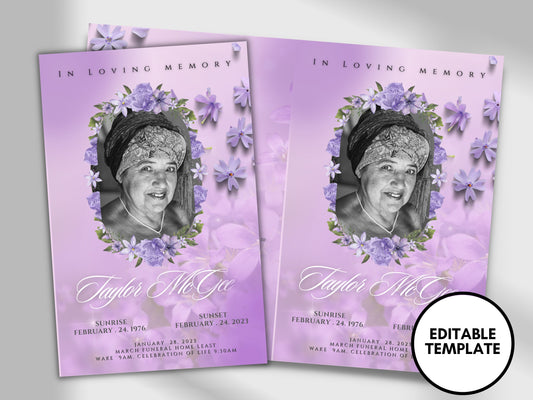 5.5"x8.5" BOOKLET Memorial program (4 pages)| PURPLE Style Funeral Program |Celebration of Life |Keepsake |Digital Download |Canva Template