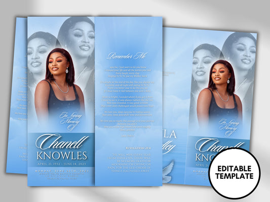 17"x11" GATEFOLD Memorial program| Blue and White Funeral Program |Celebration of Life |Keepsake |Digital Download |Canva Template