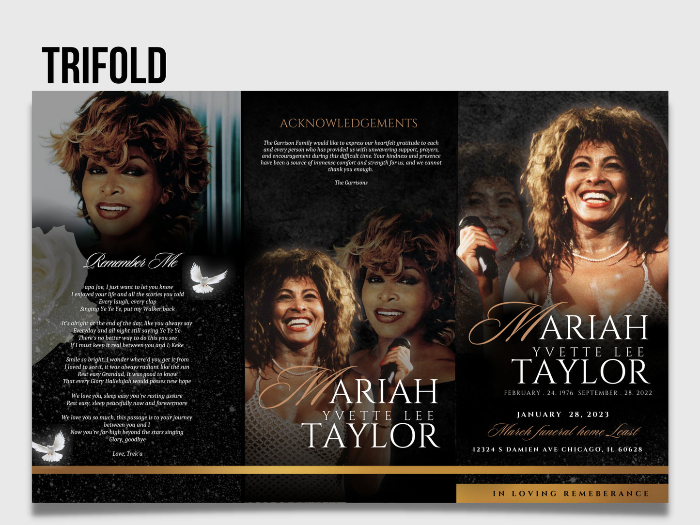 17"x11" FUNERAL OBITUARY TEMPLATE (2 pages) |Black, Gold Funeral Program | Celebration of Life |Classy Obituary |Canva Template