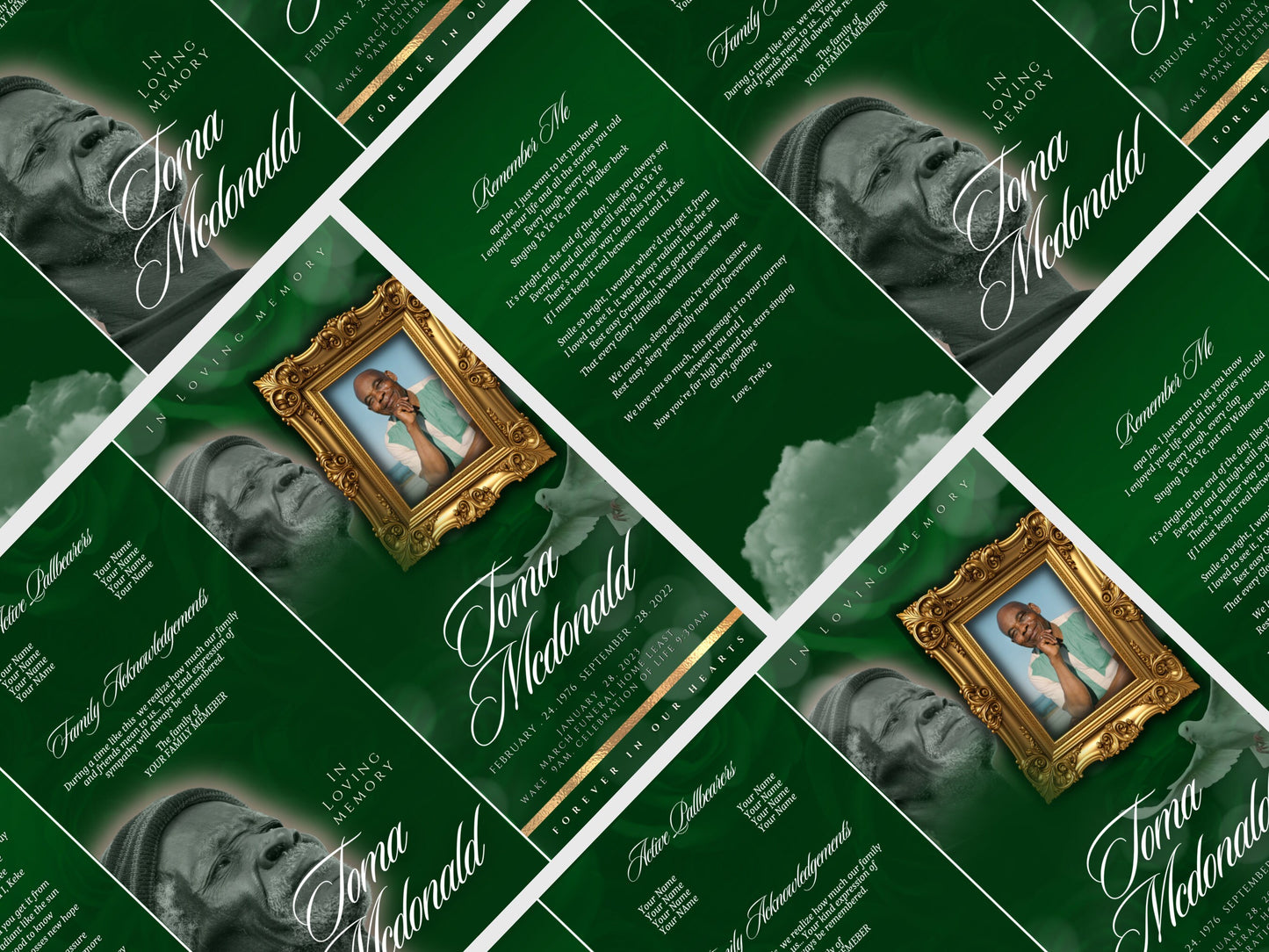 17"x11" FUNERAL OBITUARY TEMPLATE (2 pages) |Elegant Style Funeral Program | Celebration of Life |Unisex green Obituary |Canva Template