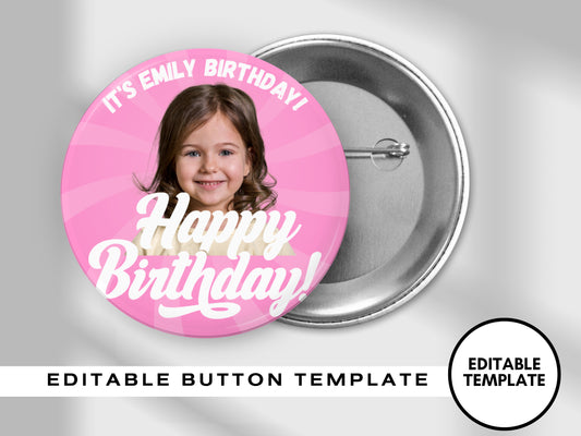 PINK BIRTHDAY PINBACK Template,Full Color| Personalized Funeral Buttons|Pinback Button Template|Keepsake Pin Backs Template