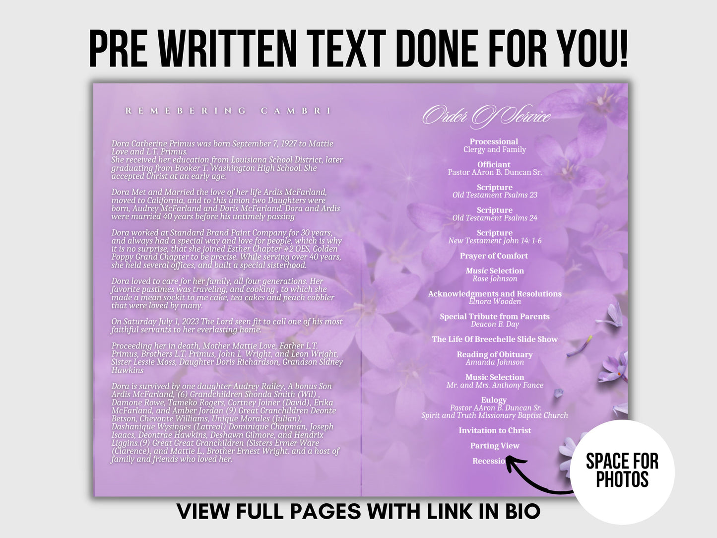 5.5"x8.5" BOOKLET Memorial program (4 pages)| PURPLE Style Funeral Program |Celebration of Life |Keepsake |Digital Download |Canva Template