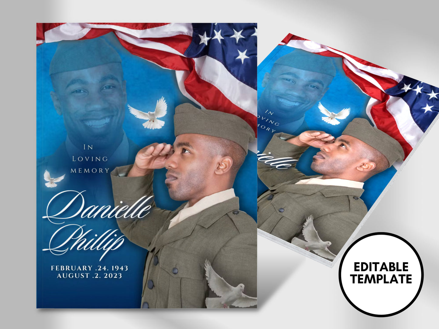 8.5"x11" BOOKLET Memorial program (4 pages)| Military Blue Style Funeral Program |Celebration of Life |Keepsake |Digital Download |Canva