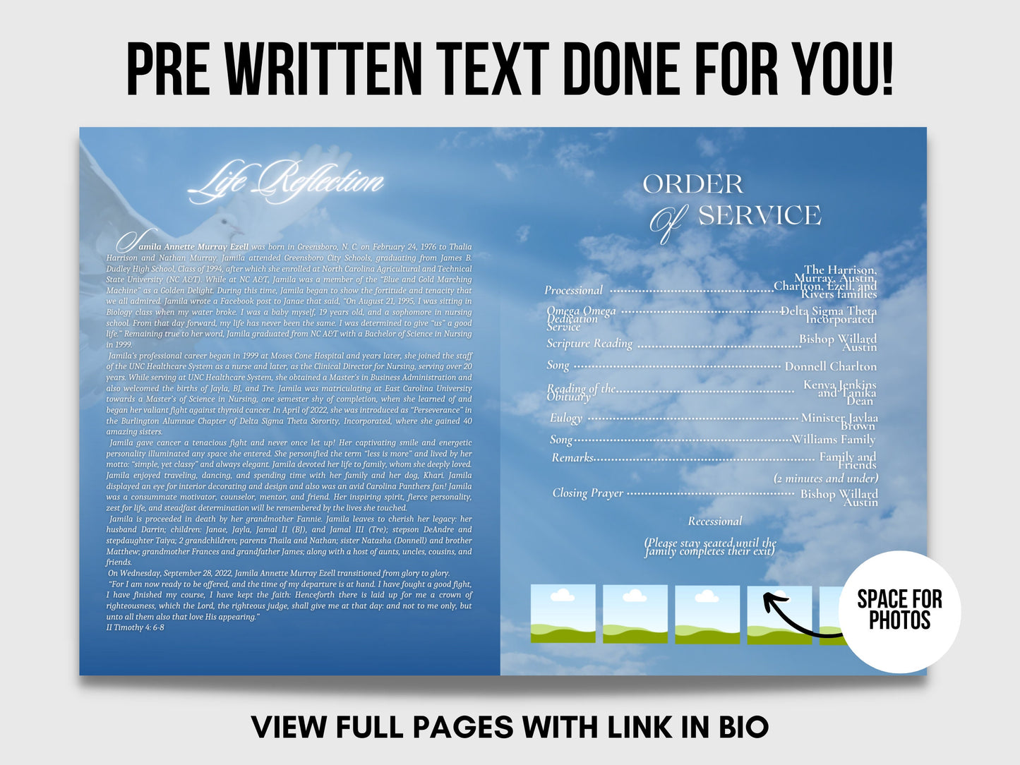 8.5"x11" BOOKLET Memorial program (4 pages)|blue cloud Style Funeral Program |Celebration of Life |Keepsake |Digital Download|Canva Template