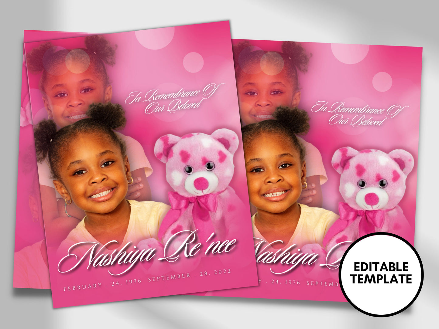 8.5"x11" FUNERAL BOOKLET (8 pages)| Pink Funeral Program |Celebration of Life |Keepsake |Digital Download |Canva Template | kid girl