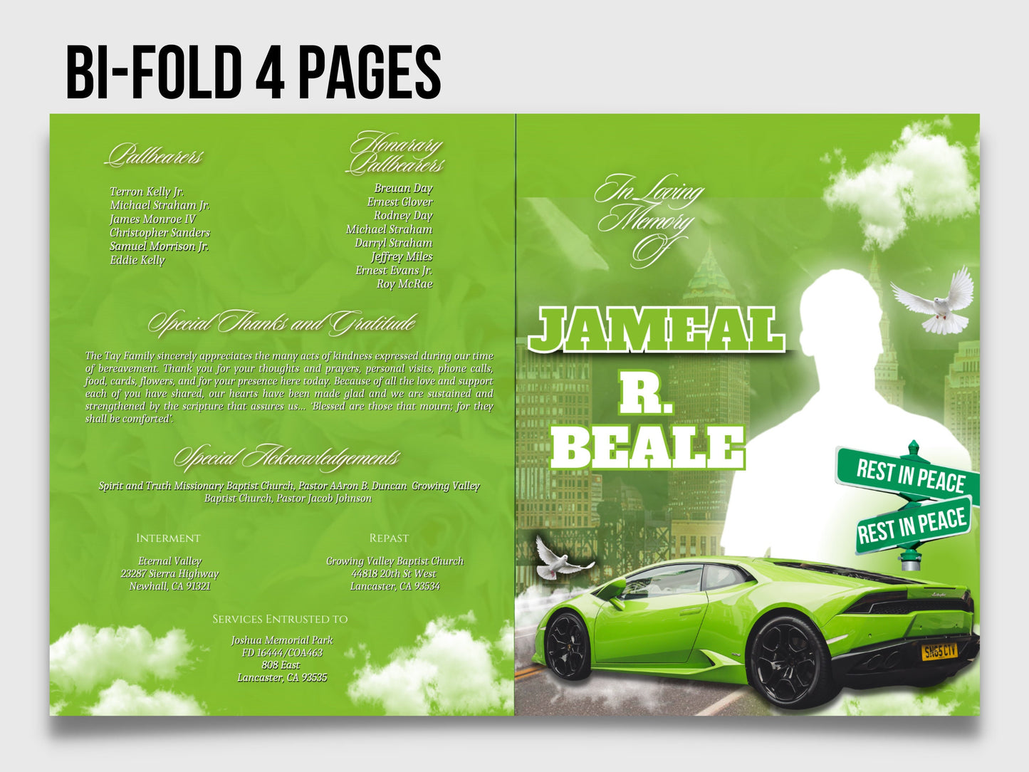 8.5"x11" BOOKLET Memorial program (4 pages)|Green Style Funeral Program |Celebration of Life |Keepsake |Digital Download|Canva Template