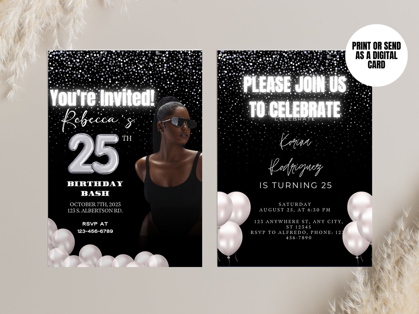 Digital Black and Silver Birthday Party Invitation, Birthday Video Invitation, E Invite, Silver Glitter, Editable Template, Any Age