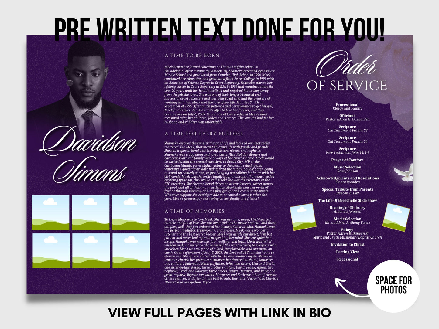 17"x11" FUNERAL OBITUARY TEMPLATE (2 pages) |Purple, Lily Funeral Program | Celebration of Life |Classy Obituary |Canva Template