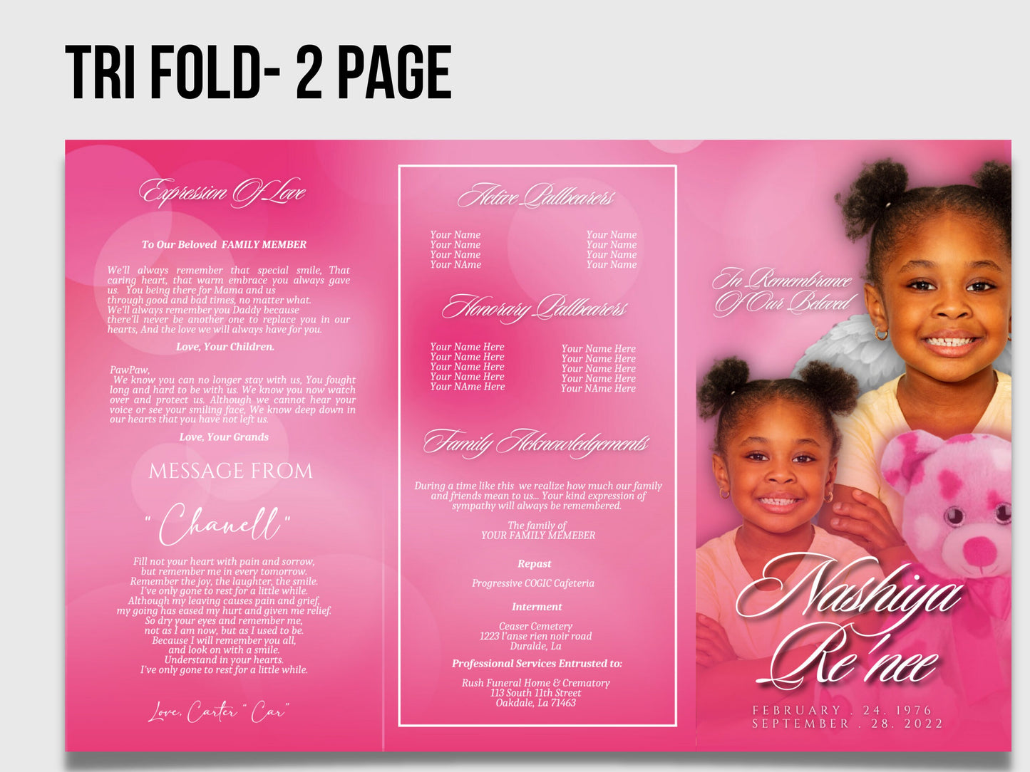 17"x11" FUNERAL OBITUARY TEMPLATE (2 pages) |Pink Flowers  Funeral Program | Celebration of Life |Classy Obituary |Canva Template