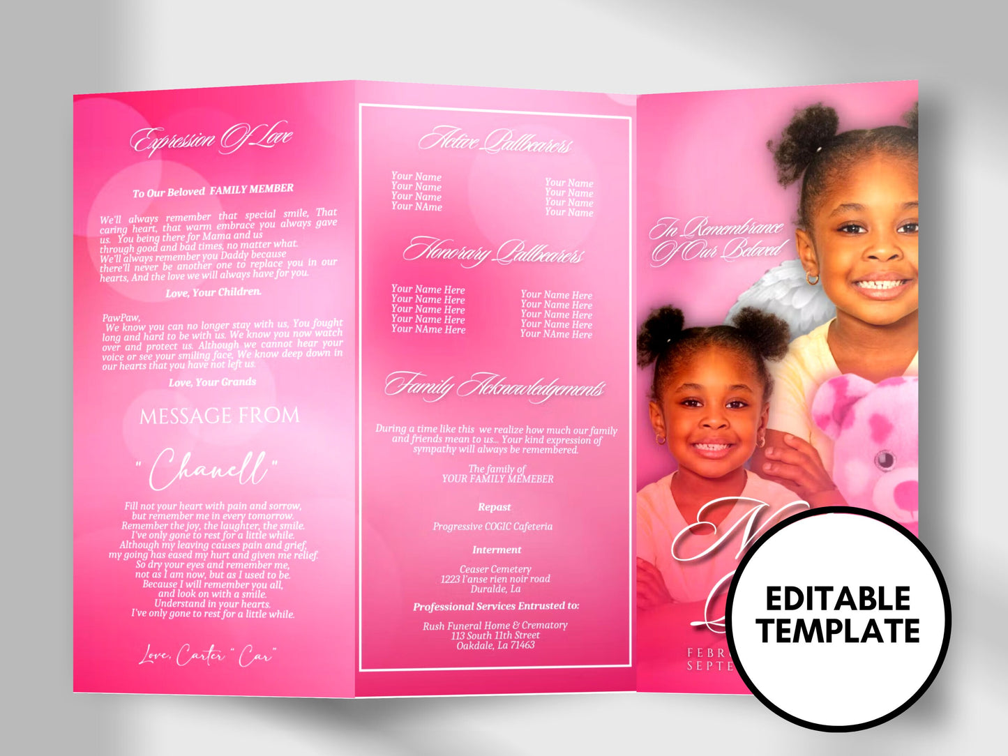 17"x11" FUNERAL OBITUARY TEMPLATE (2 pages) |Pink Flowers  Funeral Program | Celebration of Life |Classy Obituary |Canva Template