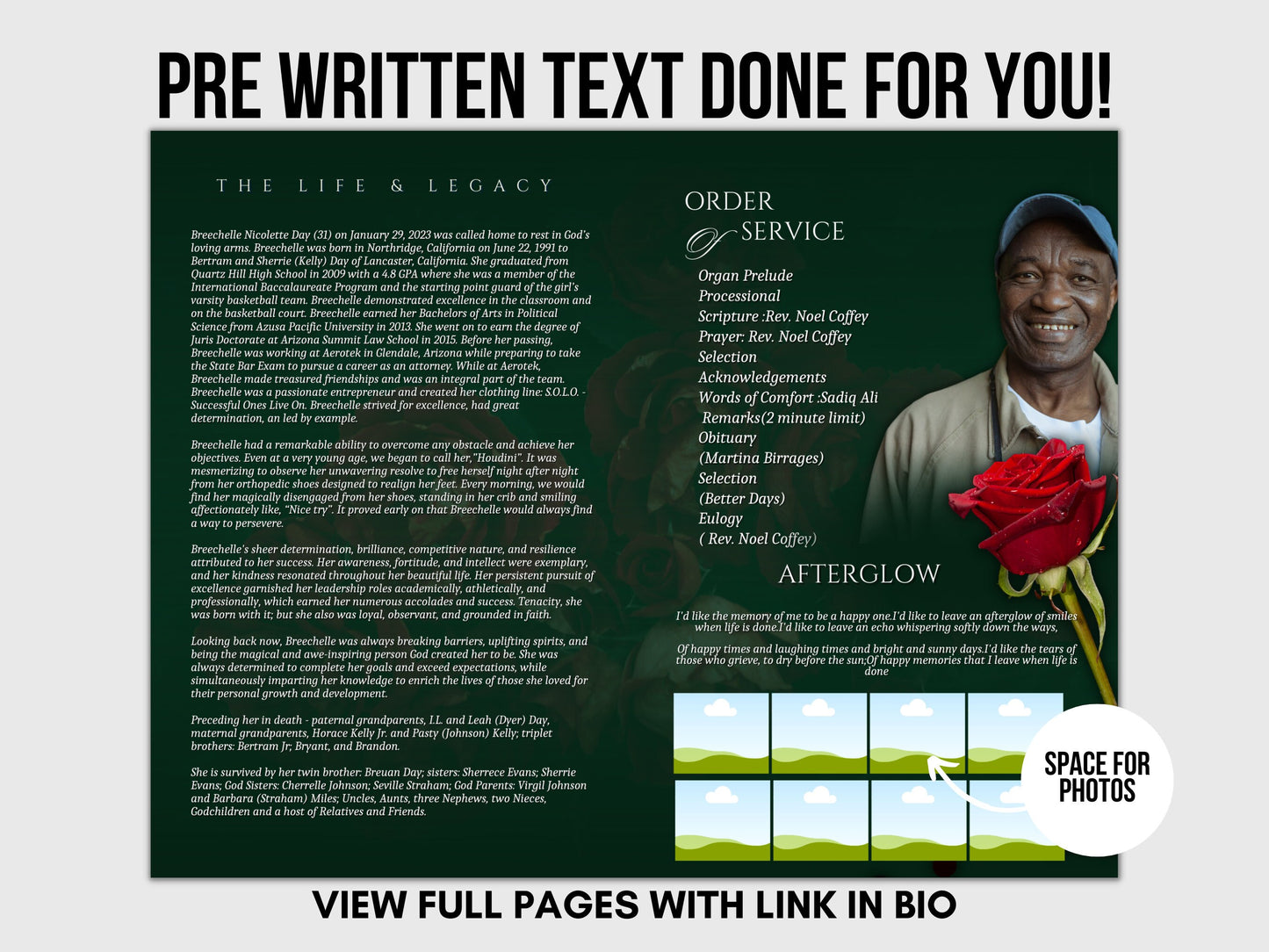 5.5"x8.5" BOOKLET Memorial program (4 pages)| GREEN  Style Funeral Program |Celebration of Life |Keepsake |Digital Download |Canva Template