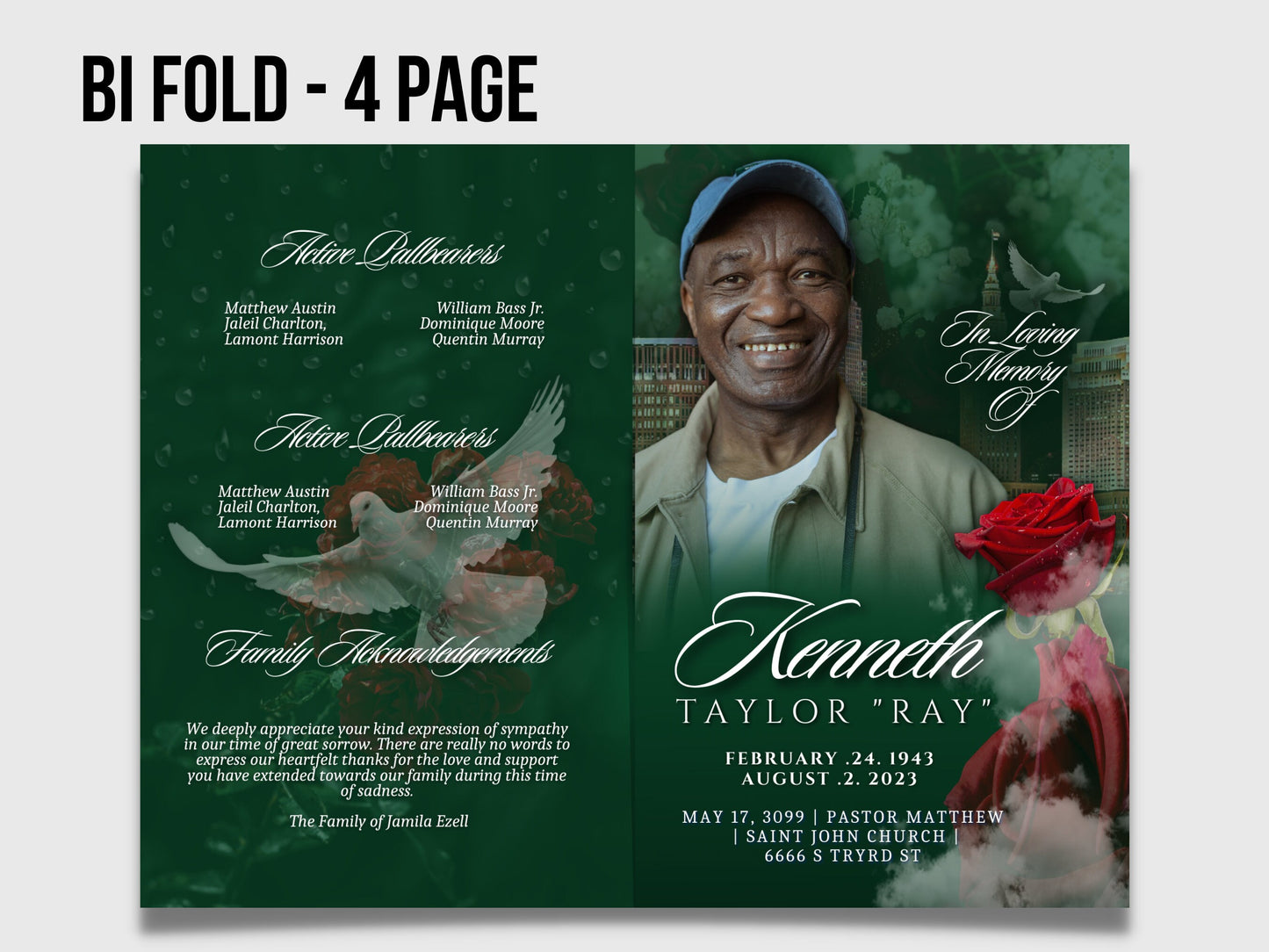 5.5"x8.5" BOOKLET Memorial program (4 pages)| GREEN  Style Funeral Program |Celebration of Life |Keepsake |Digital Download |Canva Template