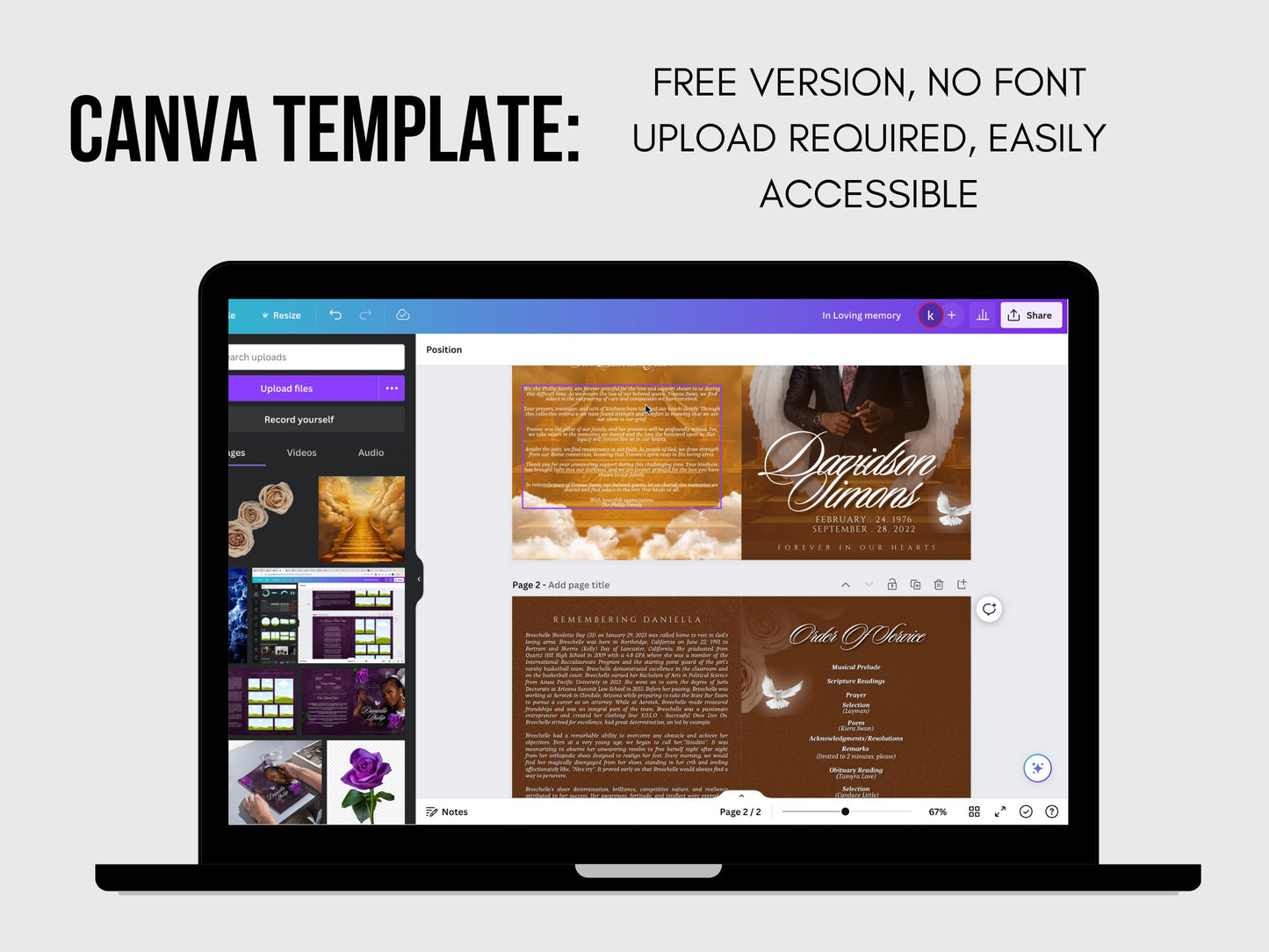 5.5"x8.5" BOOKLET Memorial program (4 pages)| GOLD  Style Funeral Program |Celebration of Life |Keepsake |Digital Download |Canva Template