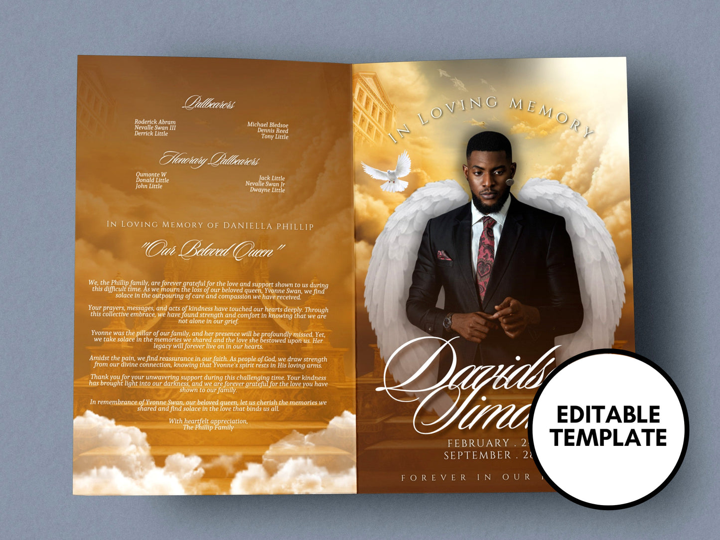 5.5"x8.5" BOOKLET Memorial program (4 pages)| GOLD  Style Funeral Program |Celebration of Life |Keepsake |Digital Download |Canva Template