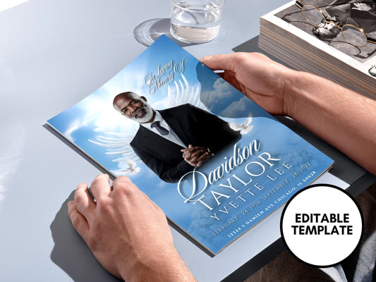 8.5"x11" BOOKLET Memorial program (4 pages)| BLUE HEAVENLY Cloud  Style Funeral Program |Celebration of Life |Keepsake |Digital Download