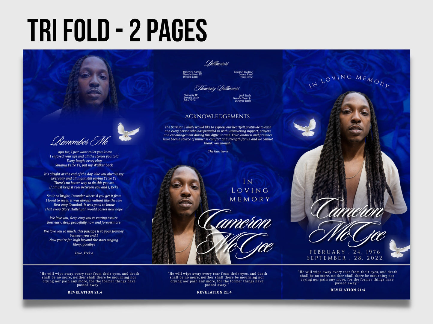 17"x11" FUNERAL OBITUARY TEMPLATE (2 pages) |Blue Rose Funeral Program | Celebration of Life |Classy Obituary |Canva Template