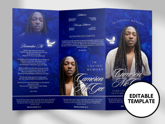 17"x11" FUNERAL OBITUARY TEMPLATE (2 pages) |Blue Rose Funeral Program | Celebration of Life |Classy Obituary |Canva Template