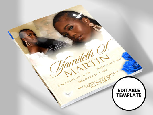 8.5"x11" BOOKLET Memorial program (4 pages)| CREME with pop of BLUE Style Funeral Program |Digital Download |Celebration of life