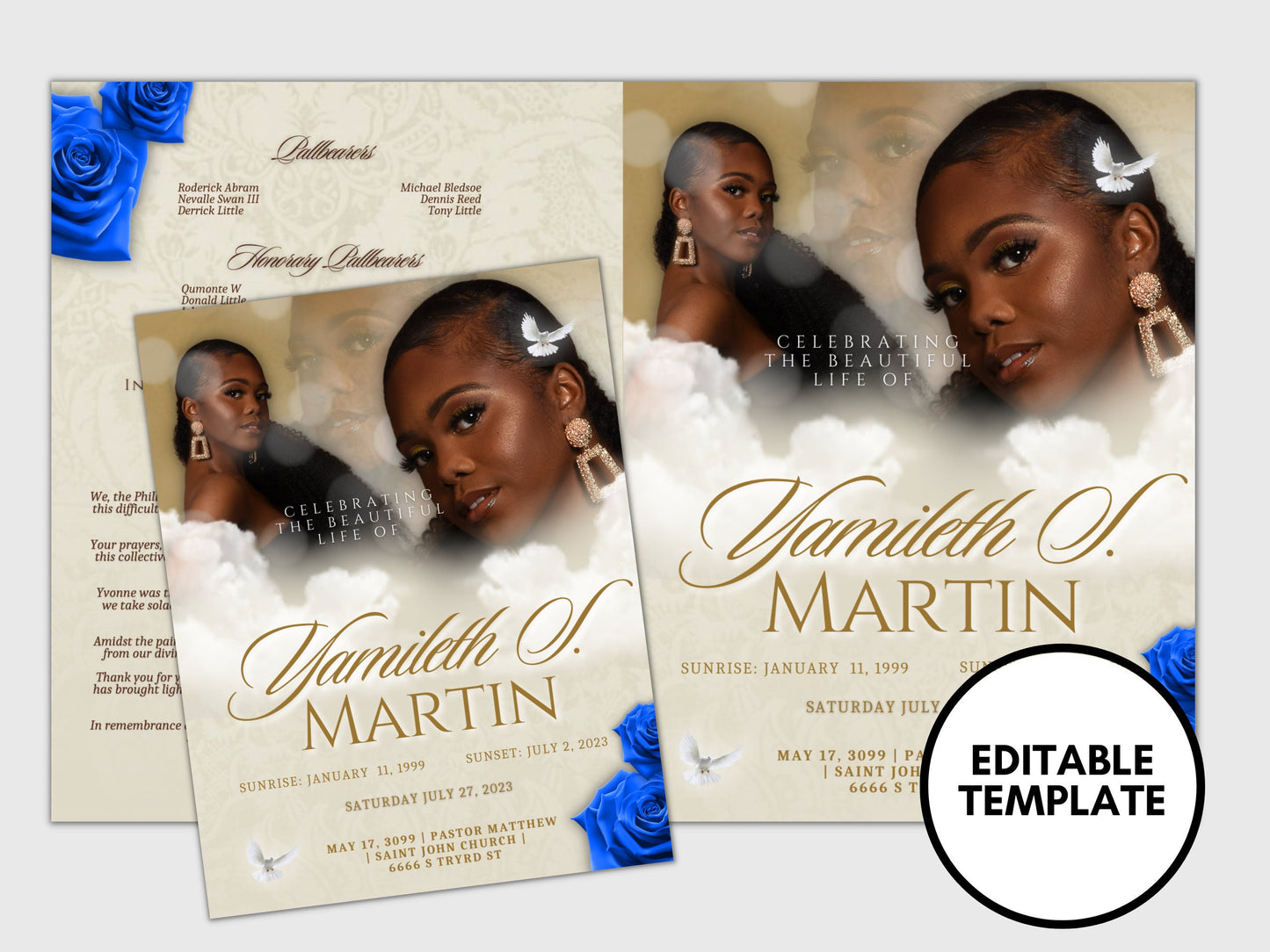 8.5"x11" BOOKLET Memorial program (4 pages)| CREME with pop of BLUE Style Funeral Program |Digital Download |Celebration of life