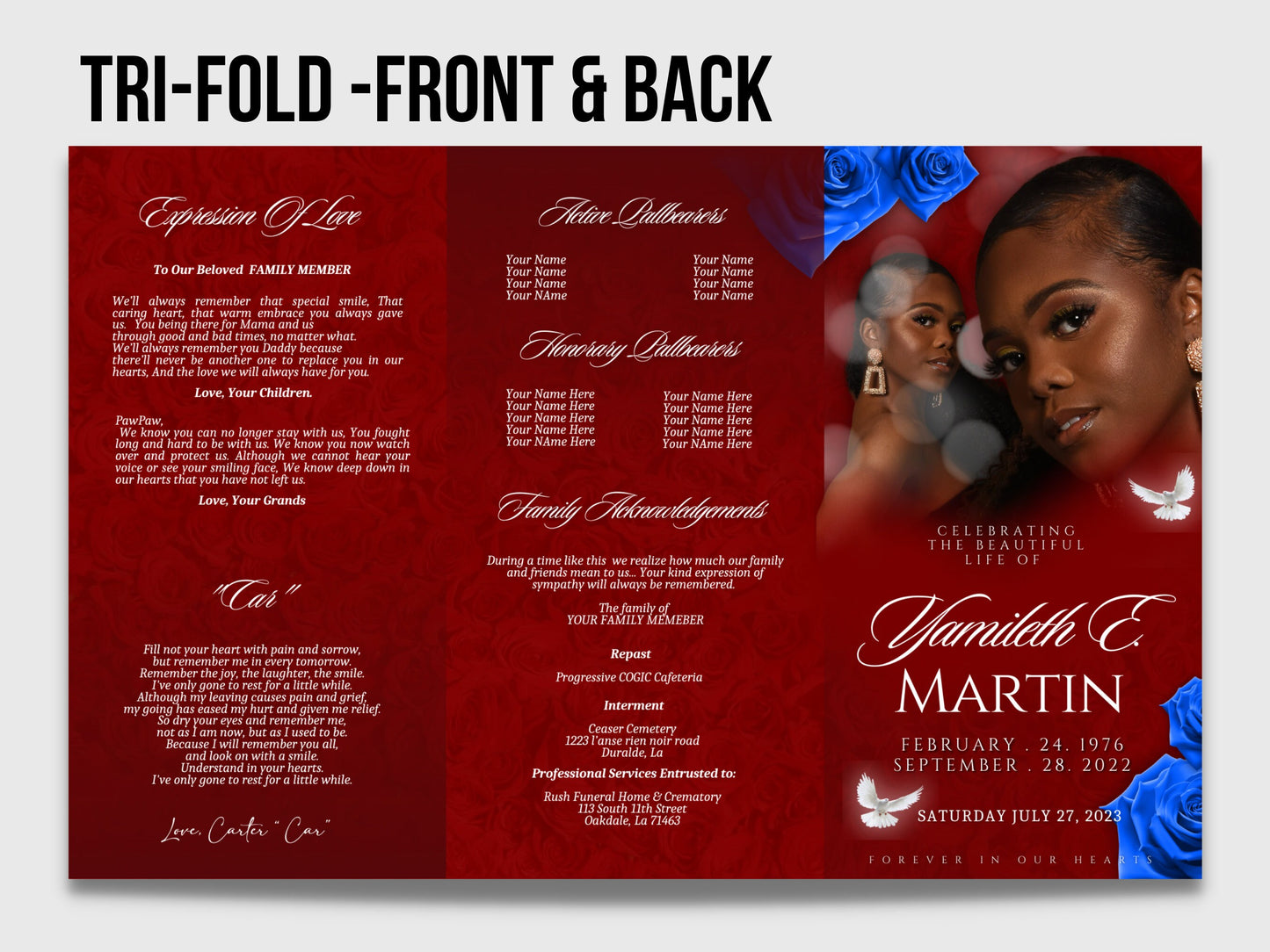 17"x11" FUNERAL OBITUARY TEMPLATE (2 pages) |Elegant Style Funeral Program | Celebration of Life |Keepsake |Digital Download |Canva Template