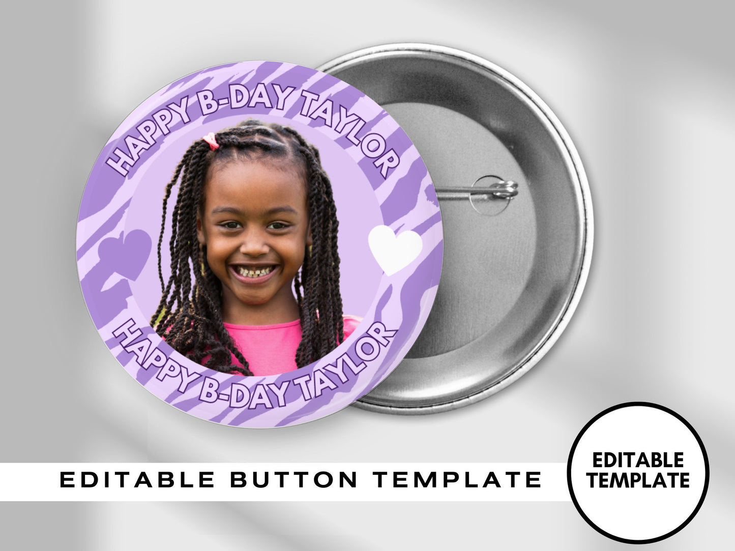 PURPLE BIRTHDAY PINBACK Template,Full Color| Personalized Funeral Buttons|Pinback Button Template|Keepsake Pin Backs Template