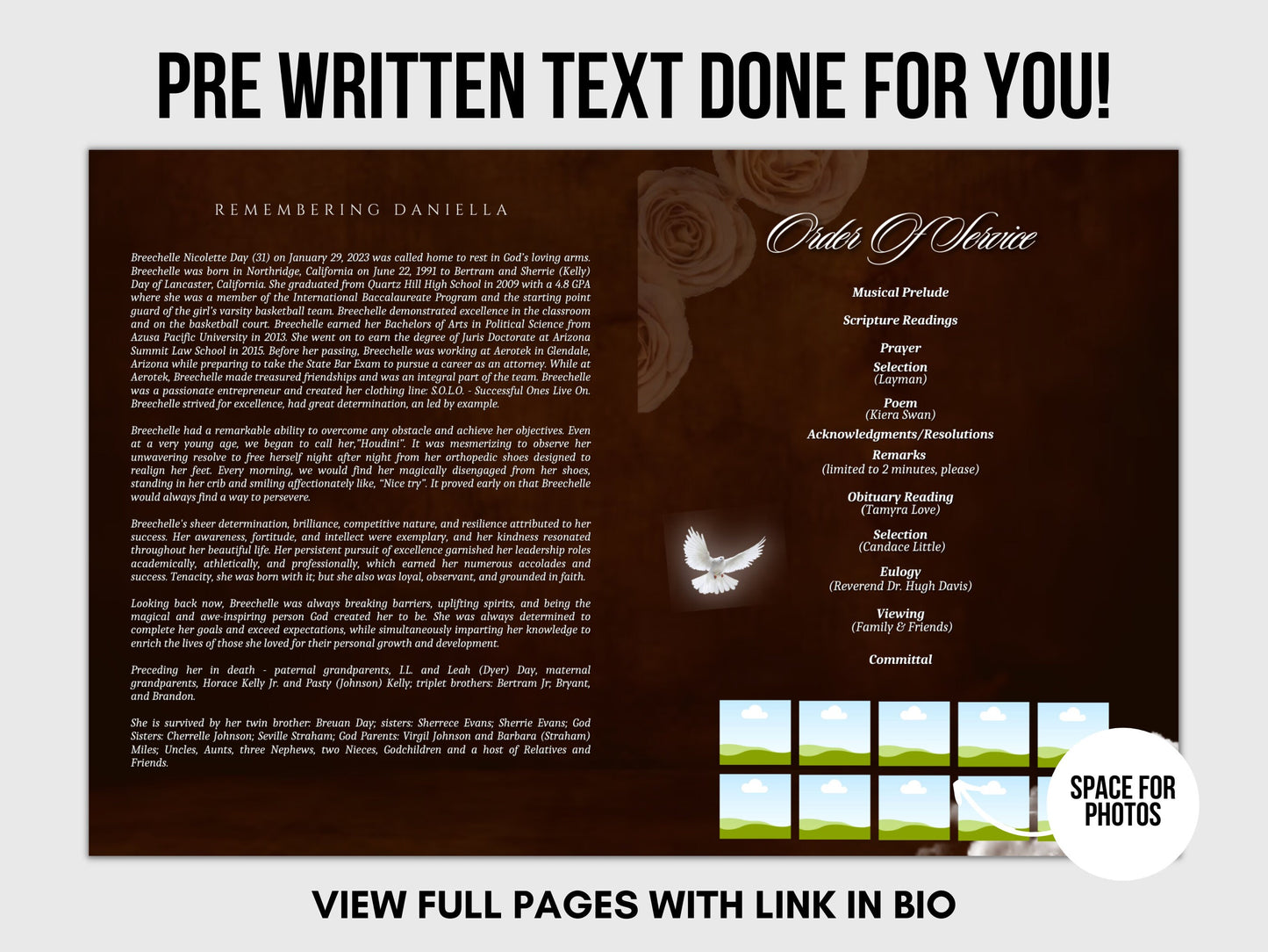 8.5"x11" BOOKLET Memorial program (4 pages)| Brown Gold Style Funeral Program |Digital Download |Celebration of life
