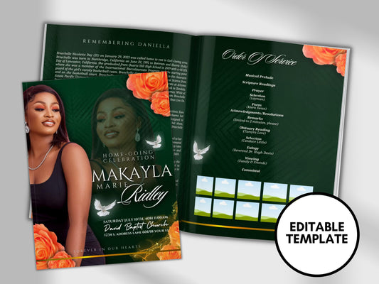 8.5"x11" BOOKLET Memorial program (4 pages)| EMERALD GREEN And Orange Style Funeral Program |Digital Download |Celebration of life