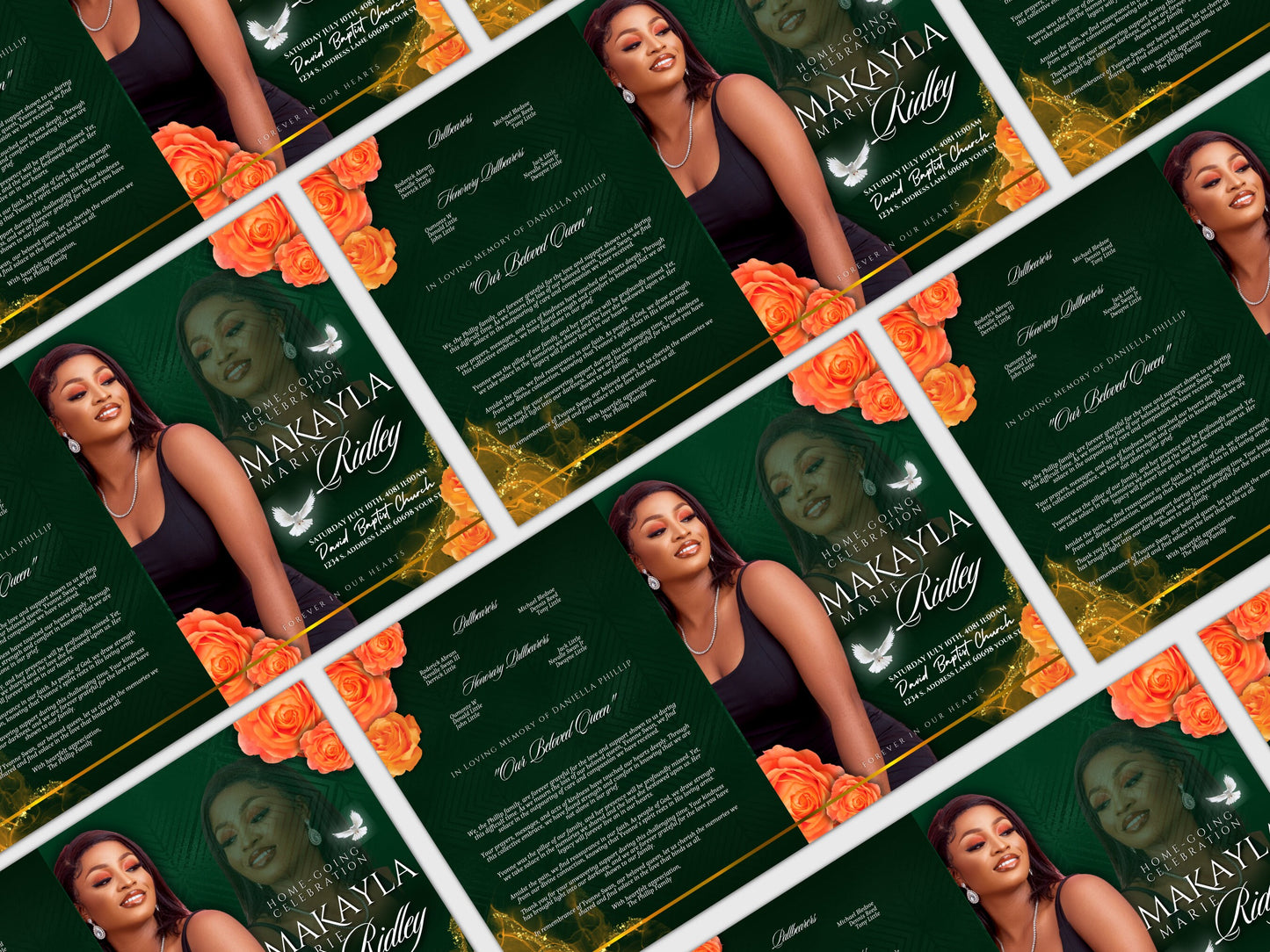 8.5"x11" BOOKLET Memorial program (4 pages)| EMERALD GREEN And Orange Style Funeral Program |Digital Download |Celebration of life