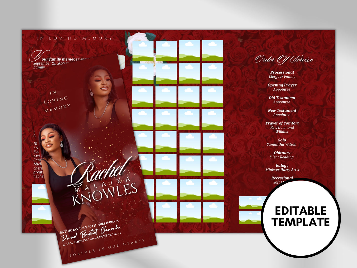 17"x11" FUNERAL OBITUARY TEMPLATE (2 pages) |Elegant Style Funeral Program | Celebration of Life |Women Red Rose Obituary |Canva Template
