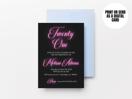 21st Birthday Invitation Editable 21st Invite Pink and Black Foil Invitation,Cheers to 21 Years Digital Invitation Instant Download, Any Age