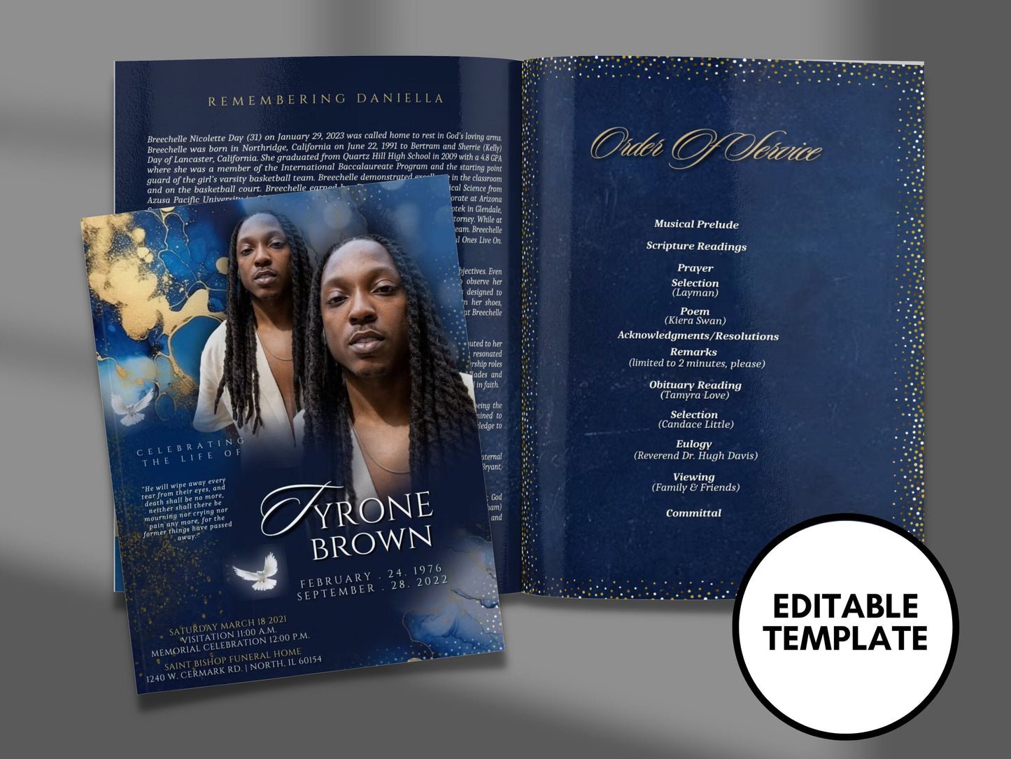 8.5"x11" BOOKLET Memorial program (4 pages) |BLUE Funeral Program |Celebration of Life |Keepsake |Digital Download |Canva Template