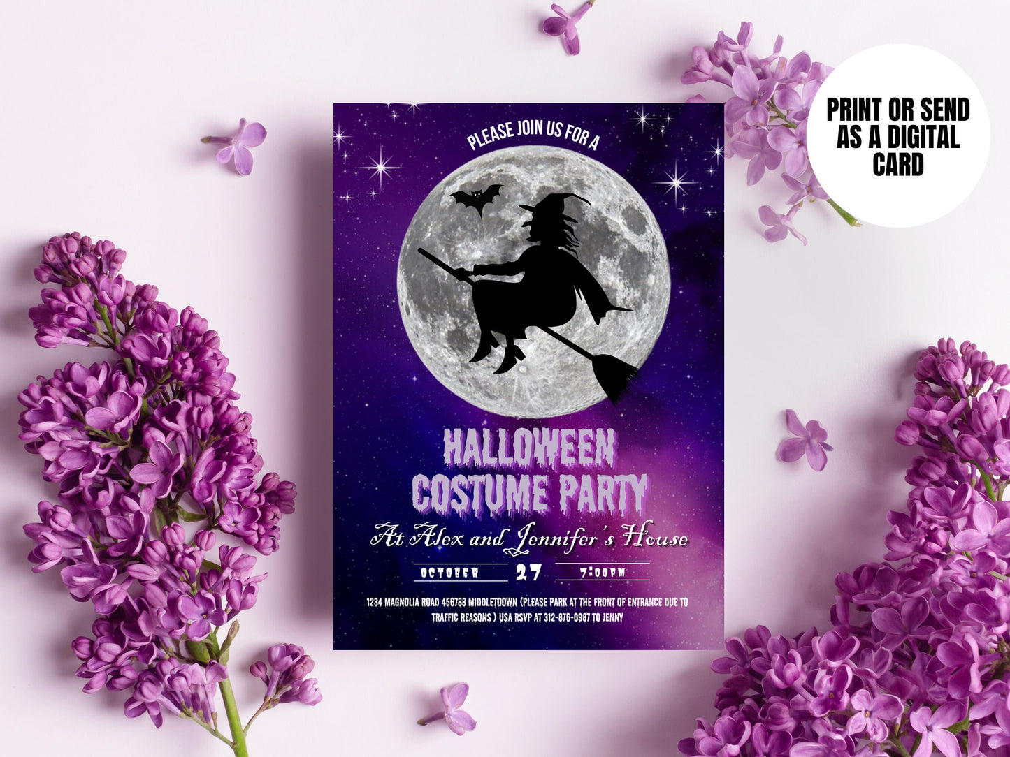 Halloween Invitation - Witch Moon Halloween Costume Party Digital Invite 5x7" & 4x6" Editable Template Instant Download PDF, JPG, or PNG