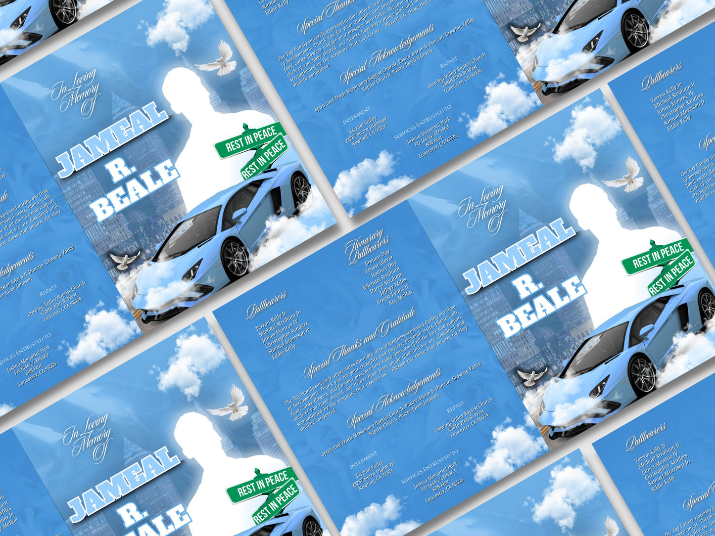 8.5"x11" BOOKLET Memorial program (4 pages)|blue cloud Style Funeral Program |Celebration of Life |Keepsake |Digital Download|Canva Template