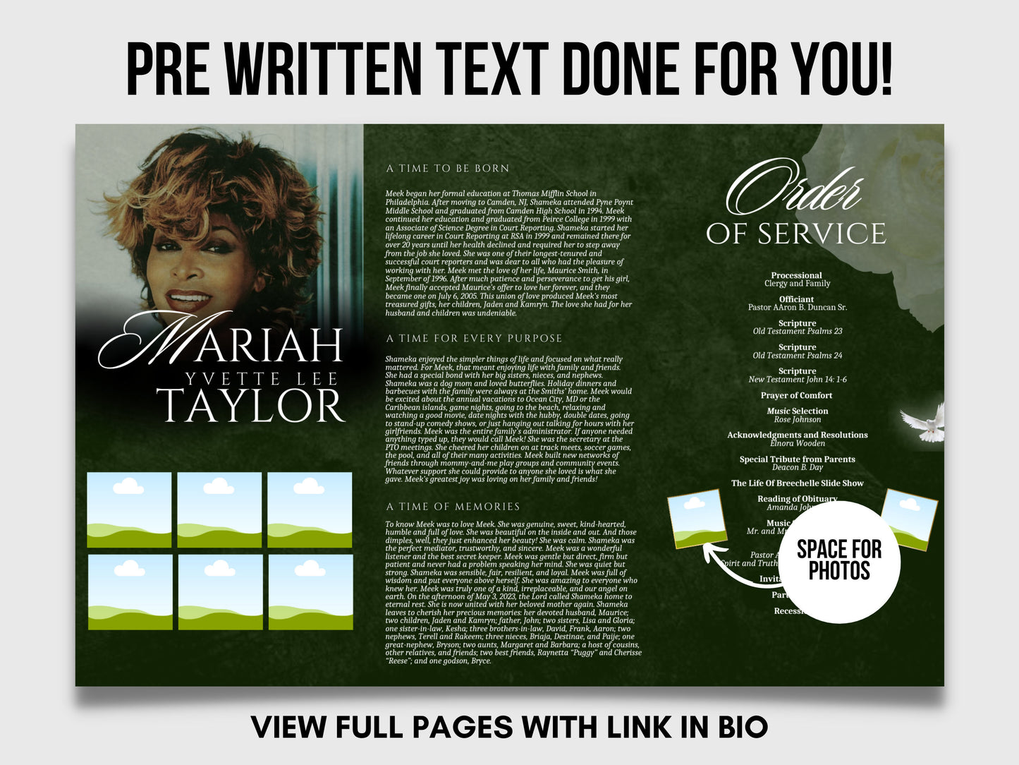 17"x11" FUNERAL OBITUARY TEMPLATE (2 pages) |Elegant Style Funeral Program | Celebration of Life |Women Greeen Obituary |Canva Template