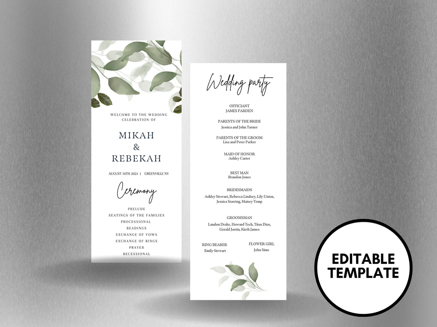 3.65 x 9 Printable Program for Wedding, 100% Editable Program, Order of Ceremony, Order of Service Greenery Eucalyptus