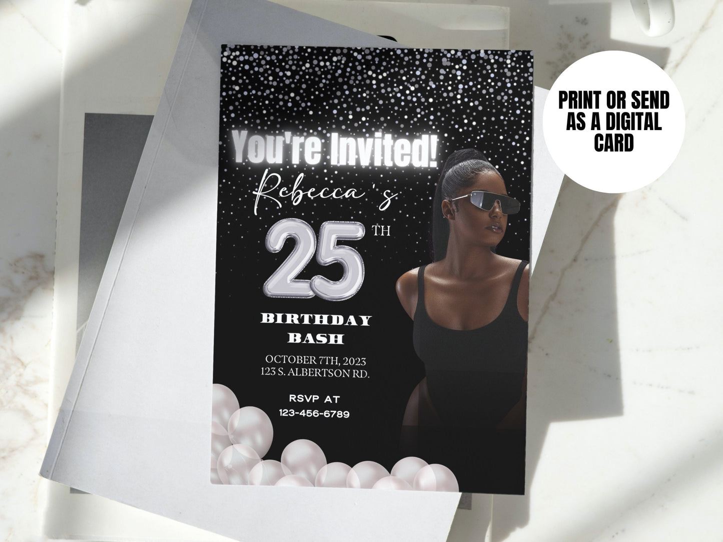 Digital Black and Silver Birthday Party Invitation, Birthday Video Invitation, E Invite, Silver Glitter, Editable Template, Any Age