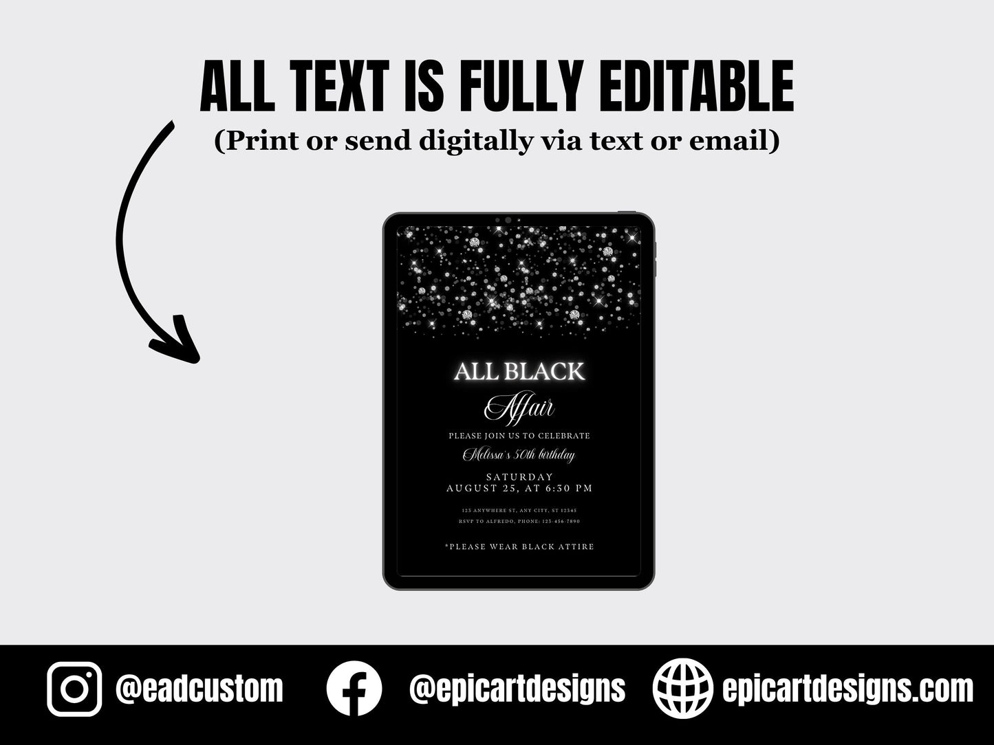 Editable All Black Affair Invitation, All Black Party Invitation, Birthday Invitation, Formal Attire Invite, Printable or Text Invite