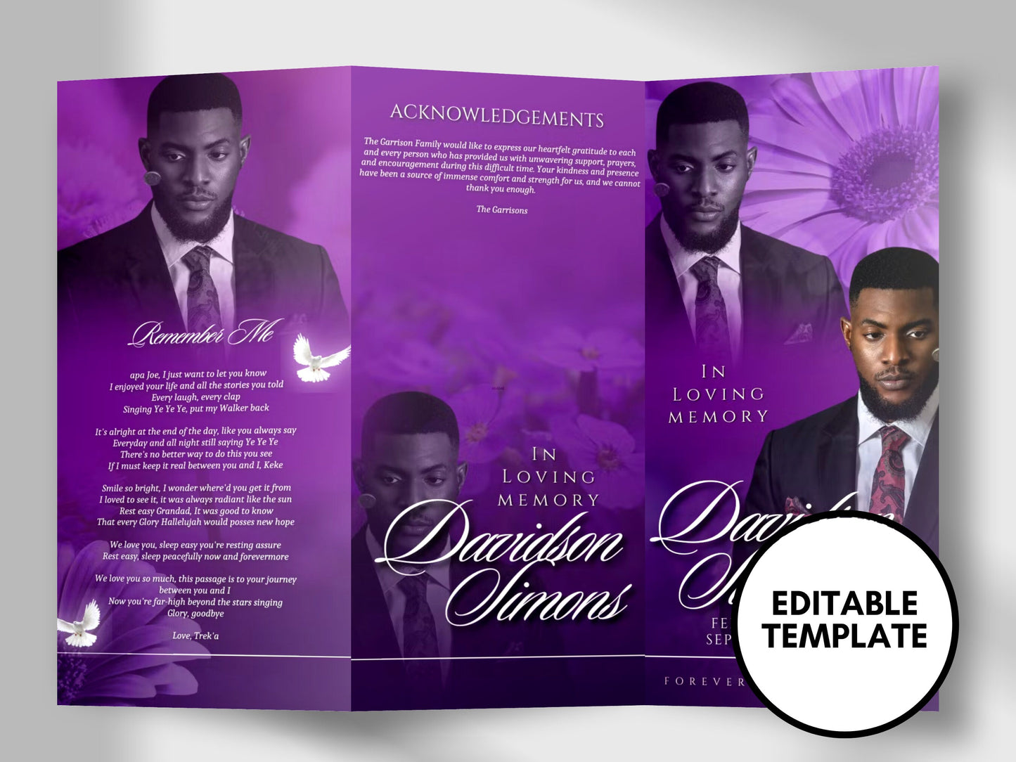 17"x11" FUNERAL OBITUARY TEMPLATE (2 pages) |Purple, Lily Funeral Program | Celebration of Life |Classy Obituary |Canva Template
