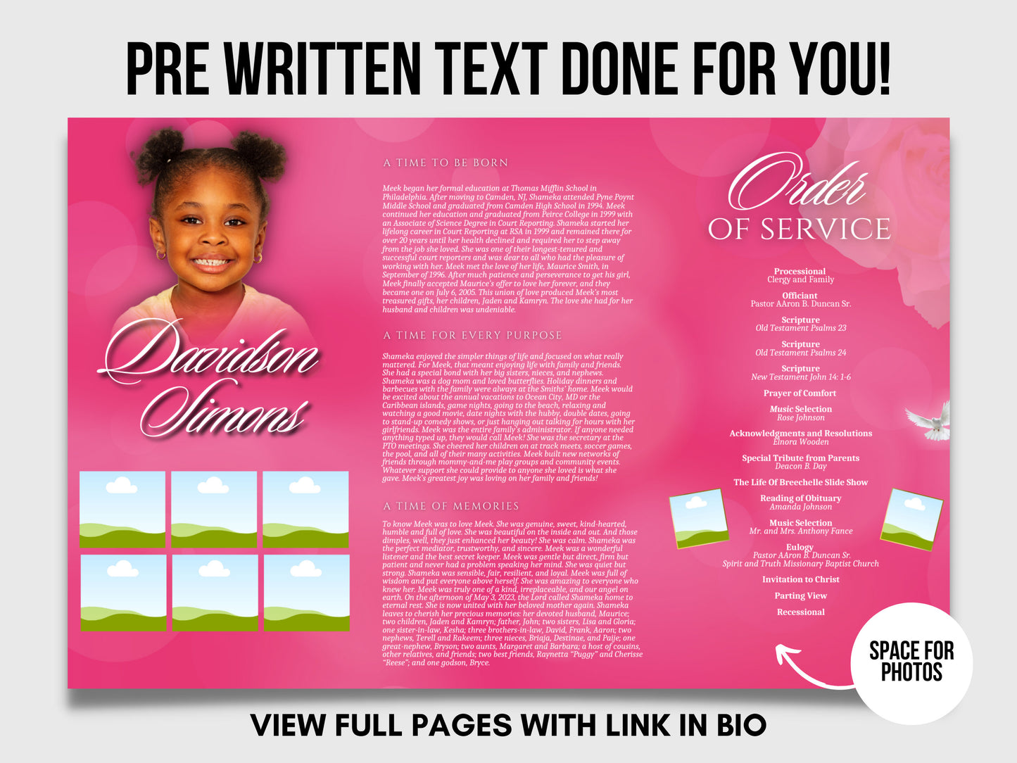 17"x11" FUNERAL OBITUARY TEMPLATE (2 pages) |Pink Flowers  Funeral Program | Celebration of Life |Classy Obituary |Canva Template