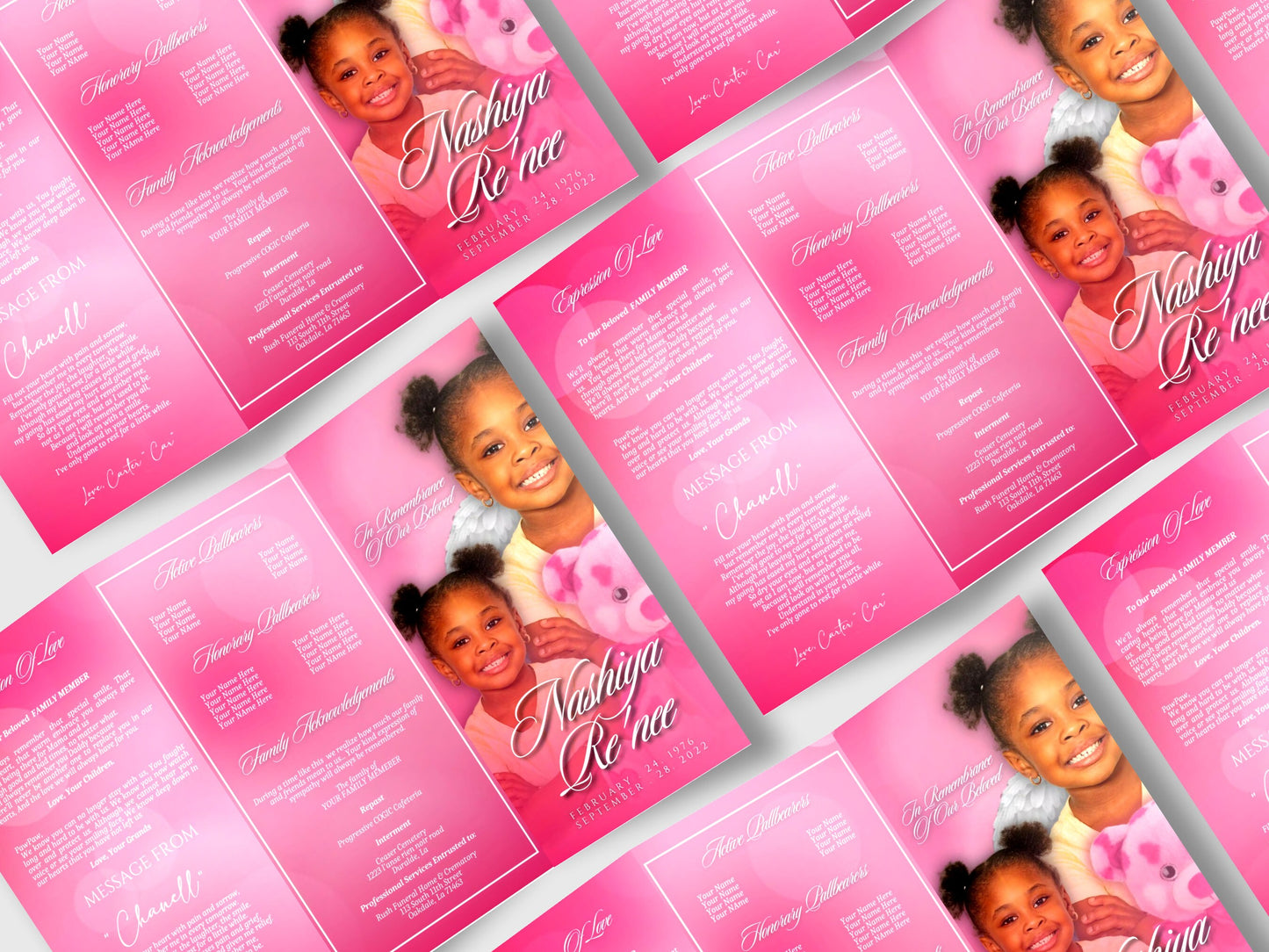17"x11" FUNERAL OBITUARY TEMPLATE (2 pages) |Pink Flowers  Funeral Program | Celebration of Life |Classy Obituary |Canva Template