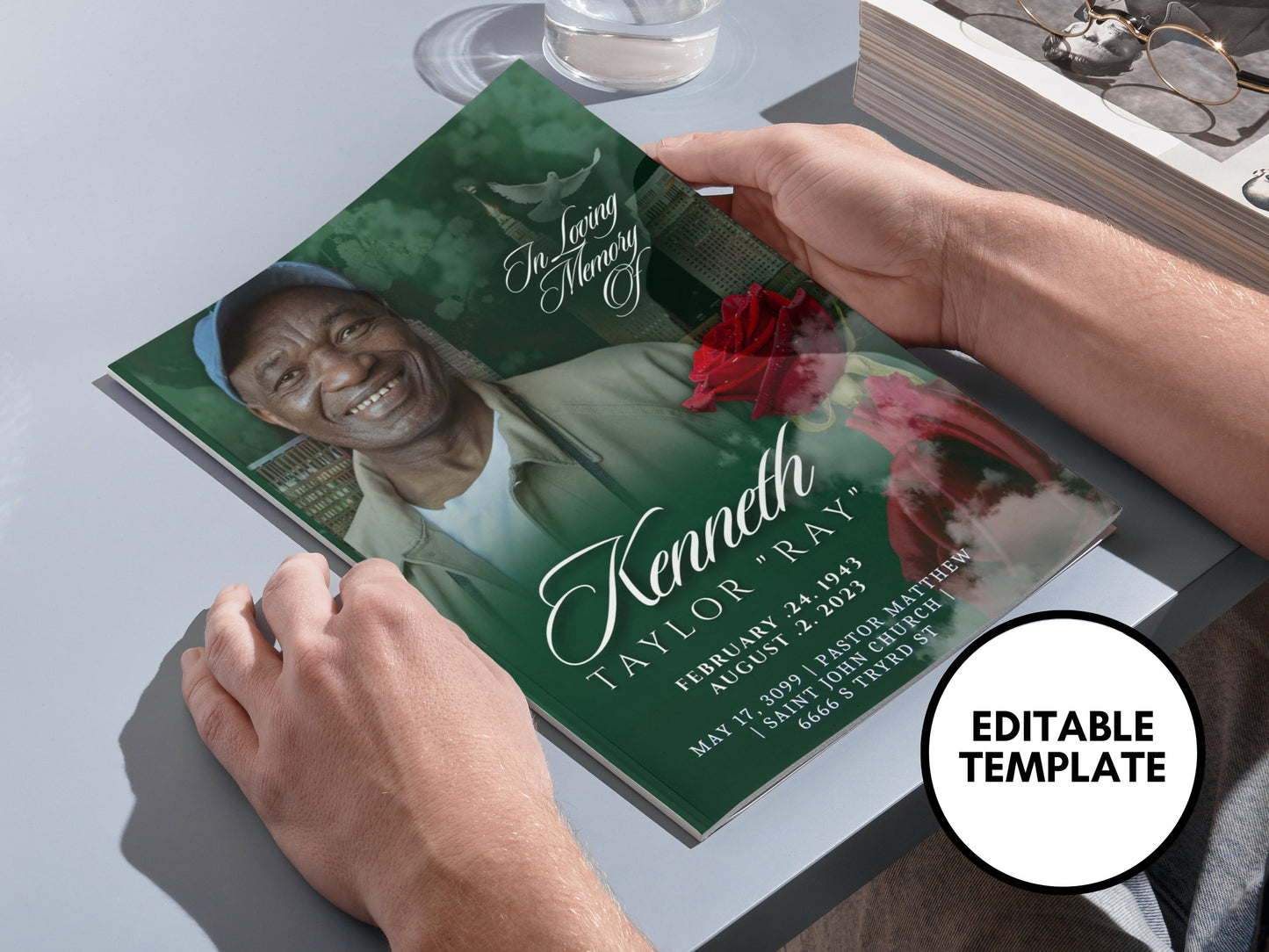 5.5"x8.5" BOOKLET Memorial program (4 pages)| GREEN  Style Funeral Program |Celebration of Life |Keepsake |Digital Download |Canva Template