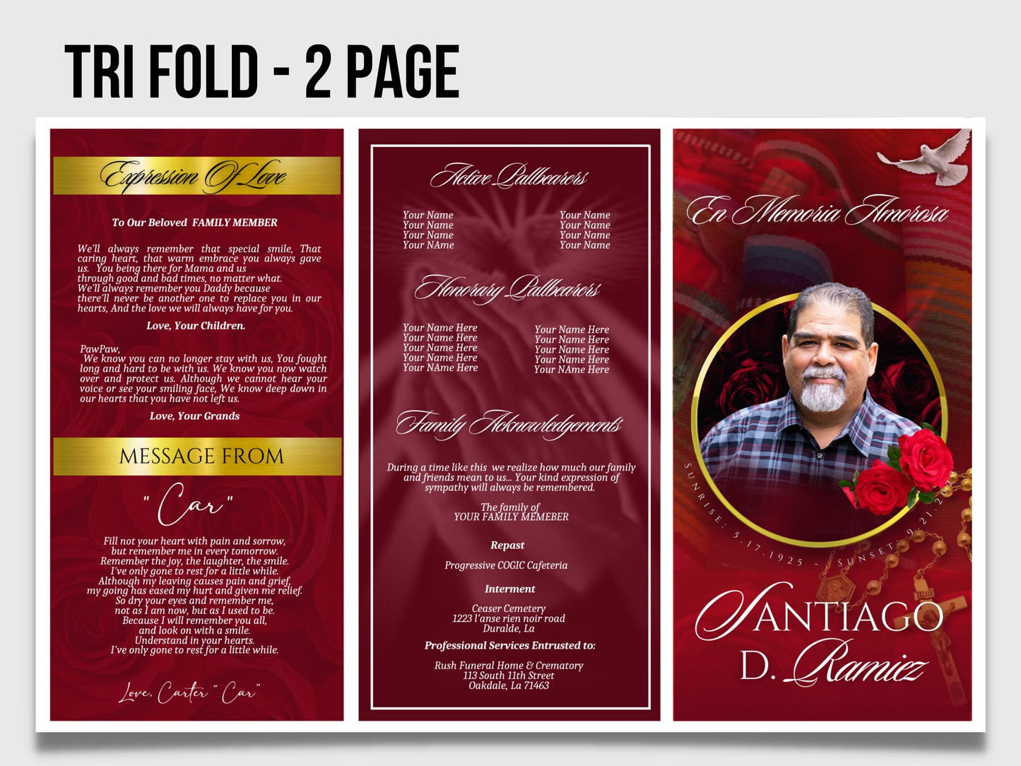17"x11" TRIFOLD Memorial program (2 pages) | Catholic Style Funeral Program |Celebration of Life |Keepsake |Digital Download |Canva Template