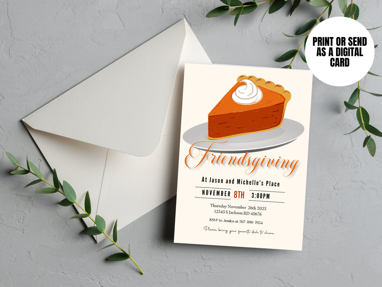 Friendsgiving Invitation - Pumpkin Pie Watercolor Boho Thanksgiving Invite 5x7" Editable Template Instant Download PDF, JPG, png